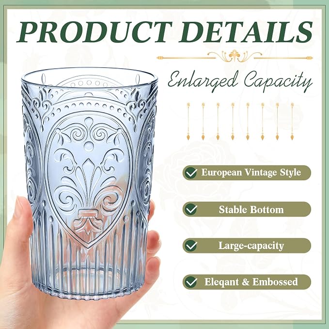 48 Pcs 16 oz Plastic Vintage Drinking Glasses Stemless Ribbed Highball Glasses Bulk Embossed Reusable Cup for Water Beer Cocktails Juice Wedding Bridal Shower Birthday Event Party (Blue)