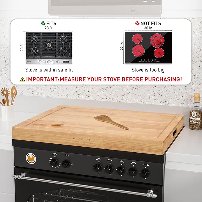 Rubberwood Stove Cover for Gas & Electric Burners, 28.82”x20.83”x2.12'' (Inner) Noodle Board with Handles, Cutting Board with Juice Groove, Serving Tray (Natural Rubberwood)