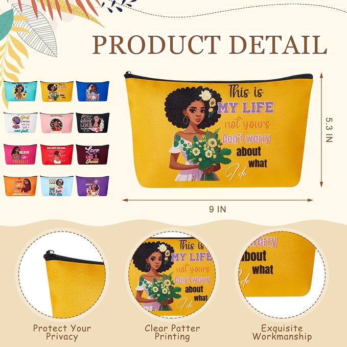 Hollowfly 12Set/48Pcs African Americans Black Women Christian Gifts Set Include 24oz Coffee Cup with Lid and Straw, Makeup Bags, Mirrors, Notepad, Black Owned Inspirational Gift for Women(Colorful)