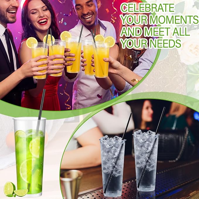 Plastic Highball Glasses with Straws(Set of 48), 16 oz Shatterproof Drinking Cups, Tall Whiskey Collins Glass with Straws, Smoothie Tumbler Mojito Cocktail Cups for Wedding Fall Xmas Party