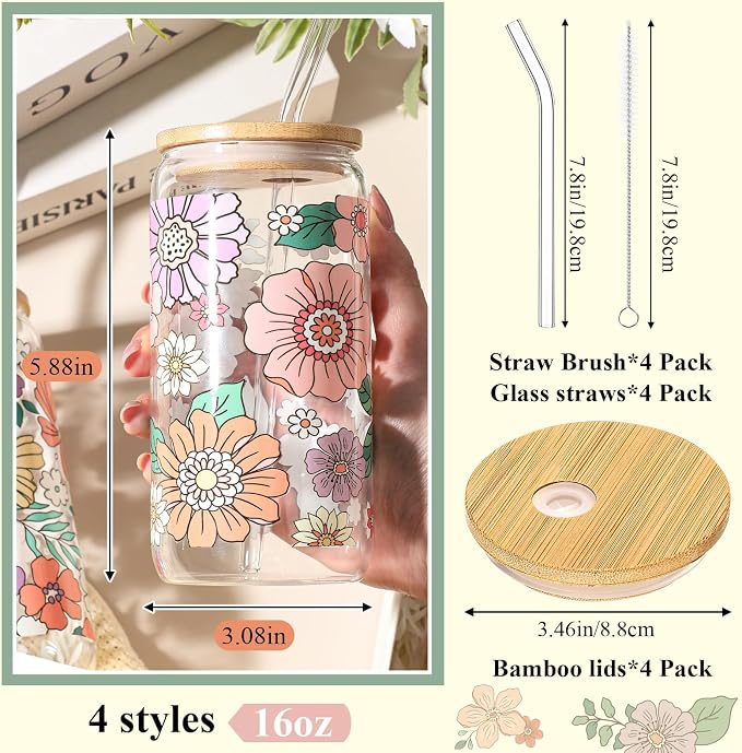 Mumufy 4 Pack Wildflower Glass Cups Gift Aesthetic Cute Glass Cup Tumbler Flower Iced Coffee Mugs 16 oz with Bamboo Lid & Straw, for Wedding Birthday Bridesmaid Mom Baby Shower