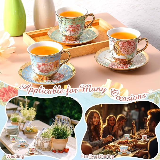 Teenyyou Set of 6 Tea Cups and Saucers Tea Party Decorations Floral Porcelain 5.4 oz British Gift for Women Birthday Party, Church, and Mother's Day (Classic Style)