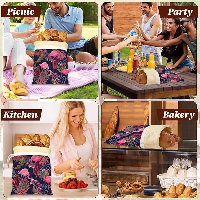 Bread Bags for Homemade Bread, Pink Flamingo Tropical 2 Pack Linen and Beeswax Sourdough Storage Bags, Reusable Keeper, Keeps Breads Fresh Longer, Gifts for Bakers
