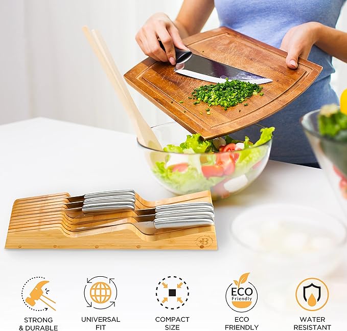 Knife Block Drawer Organizer - Bamboo Knife Drawer Organizer Insert for Kitchen Drawer, In Drawer Knife Holder, 16 Slot Drawer Knife Block, Drawer Knife Organizer, Knife Storage Organizer for Drawer