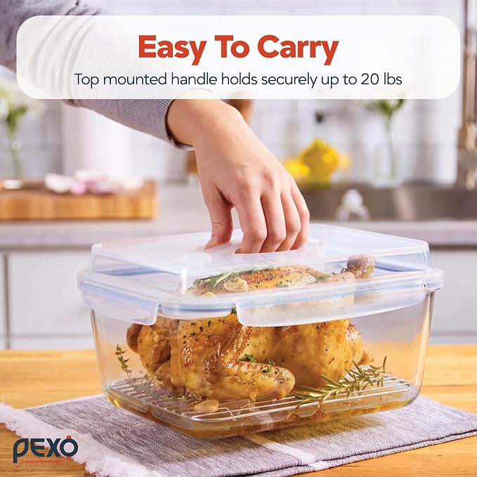 Pexo 6600 ML / 230 oz / 28 Cup Extra Large Glass Food Storage Container with Stainless Steel Rack for Broiling, with Airtight Locking Lid, Clear Jumbo Size, Ideal Storing food, Vegetables, Fruits. Baking Casserole, Lasagna, Roasting Turkey, Chicken BPA...