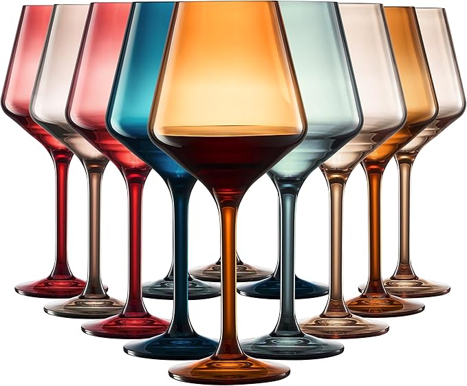 European Style Plastic Crystal Unbreakable Stemmed Wine Glasses | Set of 12 | Acrylic Tritan Pastel Color Shatterproof BPA-Free, Outdoor, Pool, Indoor, Hand Wash 17oz Gift, Everyday & Holiday