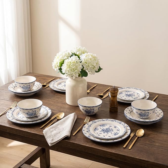 24-Piece Vintage Blue Floral Ceramic Dinnerware Set, Service for 8, Microwave & Oven Safe Plates and Bowls, Porcelain Dish Set for Parties & Hosting