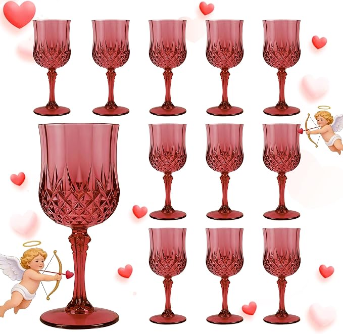 Plastic Wine Glasses, Plastic Goblets Vintage Style Cordial Unbreakable Drinking Glasses, Reusable Drinkware for Wedding Reception, Grand Event Party Supplies (12, Burgundy)