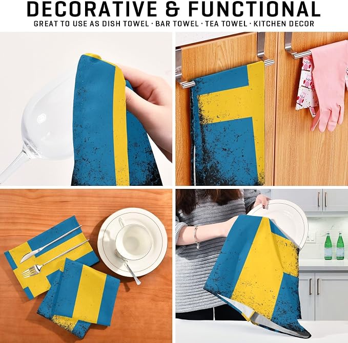 Swedish Flag Vintage Kitchen Towels Set with Hanging Loop, Kitchen Hand Towels, Tea Towels, Premium Dish Towels for Kitchen, Quick Drying Kitchen Towel Set 18”x 28”, Style