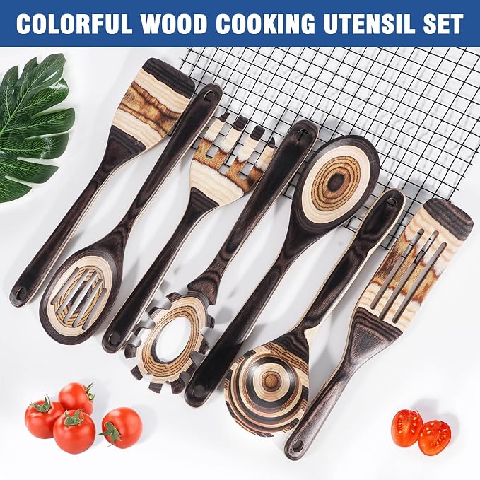 MYRAINBOW Wooden Spoons for Cooking, 7 Piece Pakkawood Kitchen Utensils Set with Spatulas, Spoons, Ladles, and Turner for Mixing, Serving & Cooking