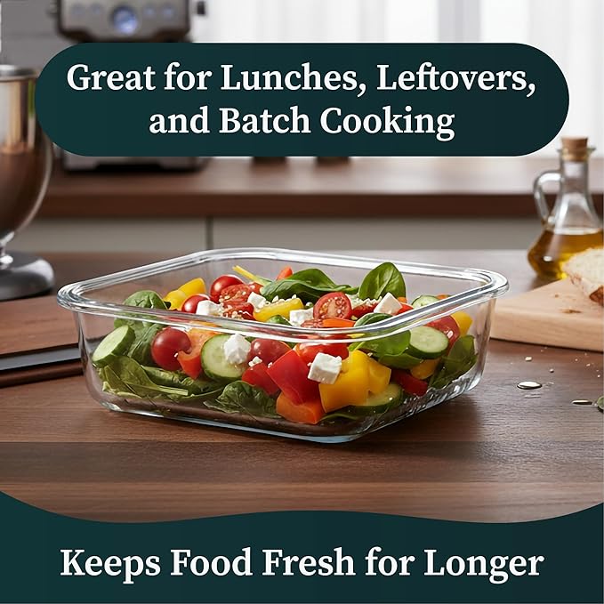 5-Piece Borosilicate Glass Food Storage Containers with Acacia Wood Lids — 35 oz Rectangular Meal Prep & Leftovers Set, Oven, Freezer & Microwave Safe, Plastic-Free