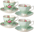 BTaT- Floral Tea Cups and Saucers, Set of 4, 8 oz, Fine Porcelain Teacup Set with Gold Trim for Afternoon Tea, Weddings, Parties & Gifting, Dishwasher Safe, Lightweight, Non-Toxic