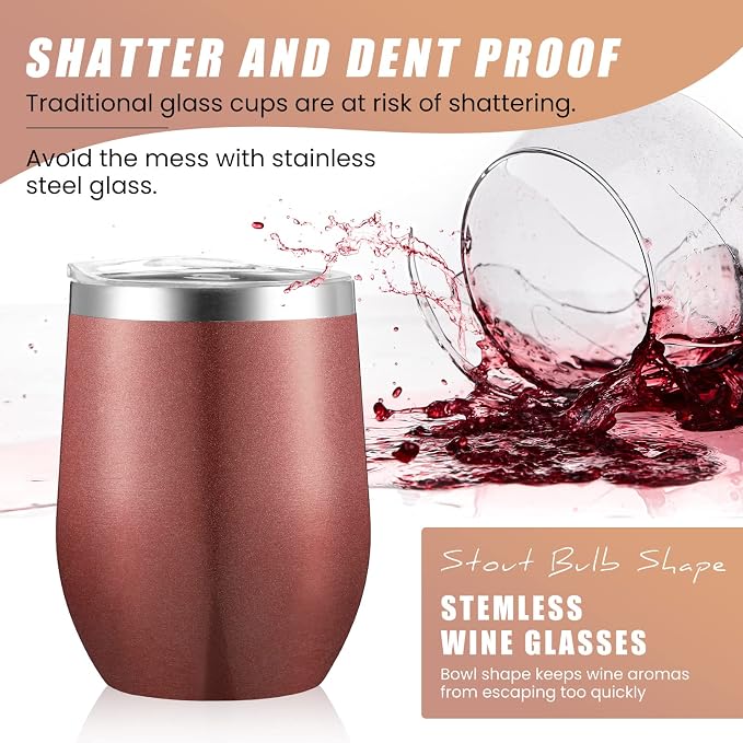 Remagr 16 Pack Stainless Steel Wine Tumblers 12 oz Insulated Vacuum Wine Cup Set Double Wall Stainless Steel Stemless Mug Glasses for Coffee Soda Whiskey Outdoor Travel (Rose Gold)