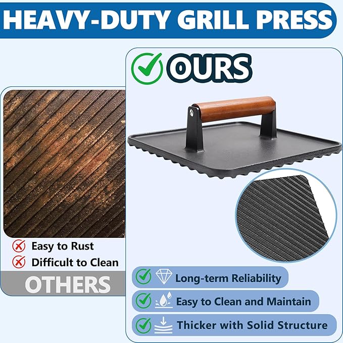 SafBbcue 10" Square Cast Iron Burger Press Smash Burger Griddle Weight Press for Blackstone, Pitboss, Camp Chef Flat Top Grills Accessories, Bacon Press for griddle for Grill Cooking Accessories, 2PCS