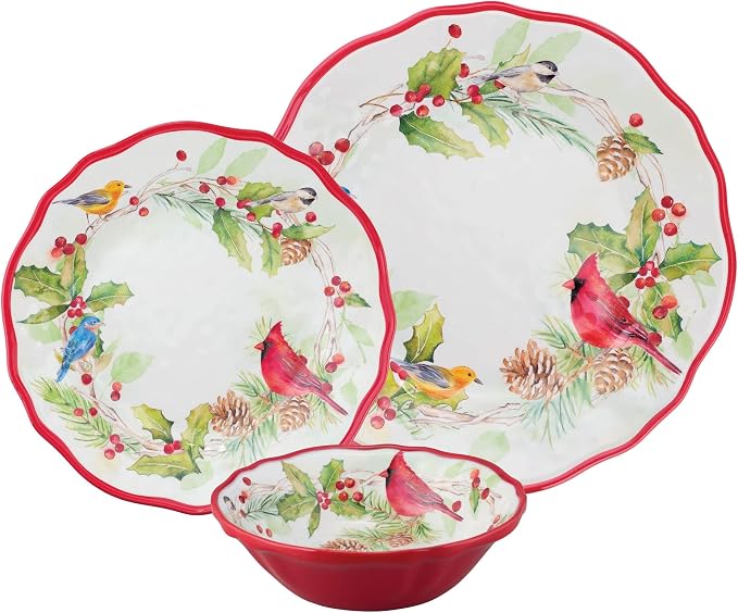 UPware 12 Piece Winter Birds Melamine Dinnerware Sets, Outdoor Dishes Set, Plates and Bowls Sets, Christmas Decorations, Service for 4, Red