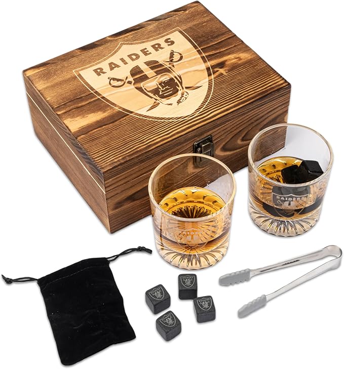 The Memory Company Officially Licensed NFL Wood Boxed Drinkware Set, with 2 Rocks Glasses and Cooling Cubes, Las Vegas Raiders