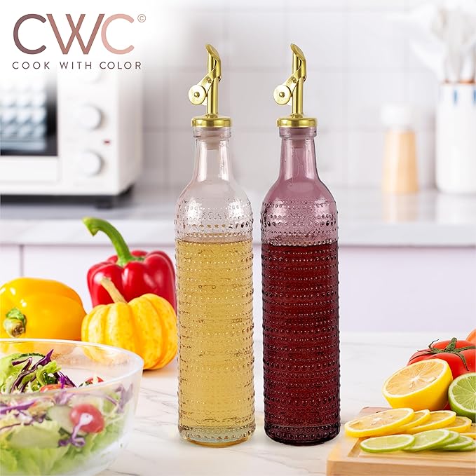 COOK WITH COLOR Glass Olive Oil Bottle Dispenser - 2 Pack- 17oz Oil and Vinegar Cruet - Olive Oil Carafe Decanter for Kitchen, Champagne Bubbles, Pink
