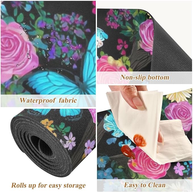 2-in-1 Table Runner Trivet for Hot Dishes Heat Resistant Hot Plate Mat Pad 39x12 Inch Waterproof Table Protector Trivets for Countertop Decorative Rose Flower Butterfly Tree Black