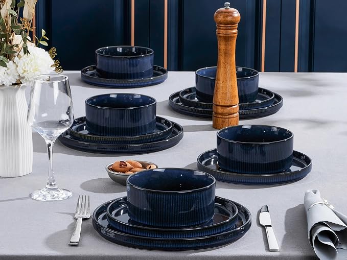 LIANYU Dinnerware Sets with Pasta Bowls for 4, 16 Piece Dishes Plates and Bowls Set, Microwave & Dishwasher Safe Ceramic Stoneware, Scratch Resistance Dinner Salad Plates, Twilight Blue