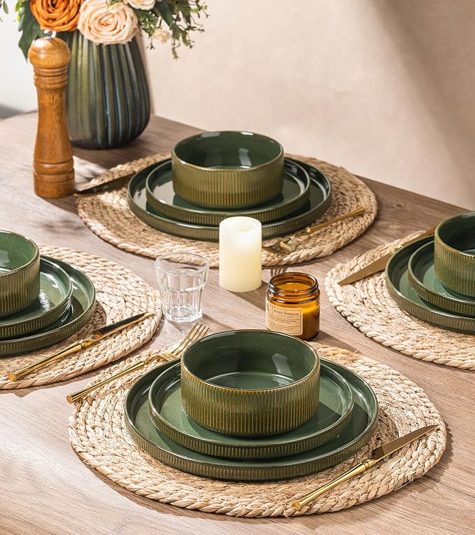 GBHOME Stoneware Dinnerware Sets for 4, 12 Pieces Lightweight Ceramic Ribbed Plates and Bowls Set, Reactive Glaze Stackable Plate Sets, Scratch Resistant Dishes, Microwave & Dishwasher Safe,Sage Green