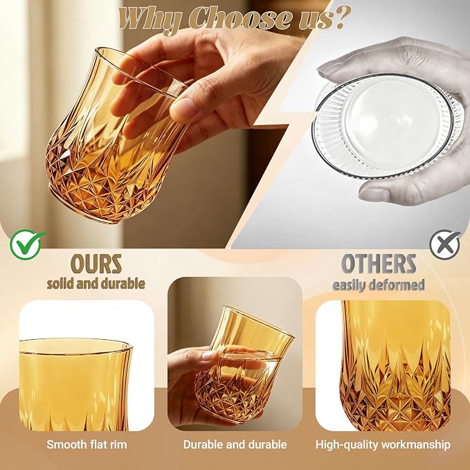 24 Pack Plastic Stemless Wine Glasses,12oz Unbreakable Vintage Elegant Drinking Glass Set,Reusable Fancy Cocktail Cups for Party, Wedding, and Bulk Events (24, 12oz-Amber)