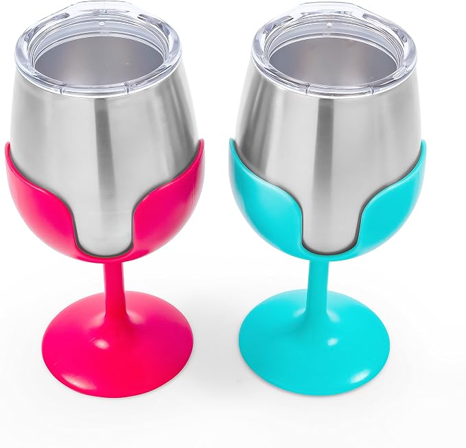 Camco Life is Better at The Campsite 8 oz Wine Tumbler 2 Pack - Heavy Duty Double Wall Vacuum Insulation - Crafted of 18/8 Stainless Steel - Features Removable Blue & Pink Stems (51915)