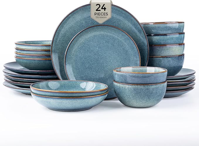 GBHOME 24 Pieces Double Bowls Dinnerware Sets for 6, Stoneware Plates and Bowls Set with Reactive Glaze, Scratch Resistant Stoneware Dishes Set, Dishwasher & Microwave Safe