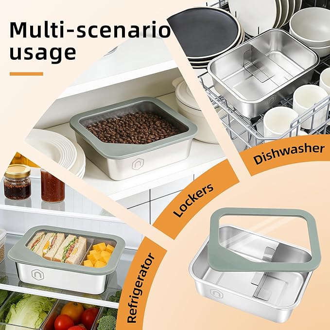 Stainless Steel Bento Box for Kids Adults, 1200ml/40oz with Removable Divider, Airtight Leak Proof Glass Lid, Freezer & Dishwasher Safe Lunch Box (40.58oz)