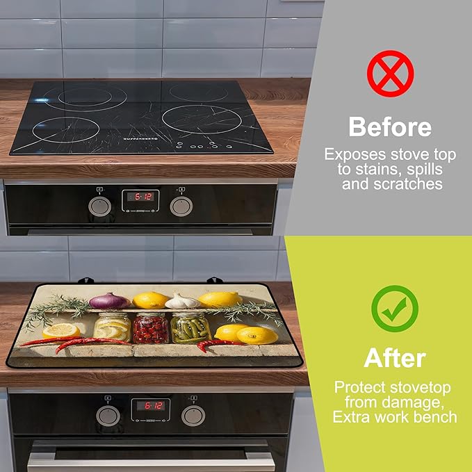 Glass Stove top Cover 28"x 20", Stove Top Covers for Electric Stove, Flat Range Mat for Glass Cooktop, Kitchen Heat-Resistant Protector Non-Slip Drying Mat (Foods Oil Painting)