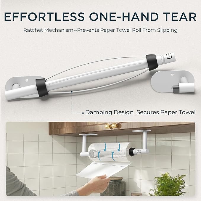 FORIOUS Paper Towel Holder Under Cabinet, One Hand Operable with Ratchet System for Easy Tear, No Drill Adhesive or Drill Wall Mount, 304 Stainless Steel for Kitchen Bathroom RV Garage, White