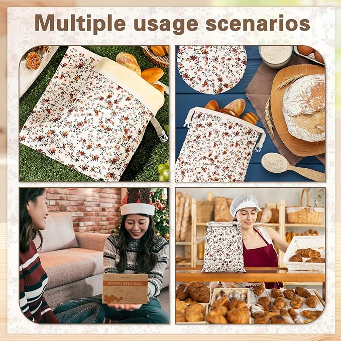 Reusable Beeswax Bread Bags for Homemade Bread Sourdough (2 Pcs 13x17in Bags + 10in Bowl Cover) Floral Cotton 100% Natural Beeswax Coating, Plastic-free Food Storage Wrap(Vintage Flower)
