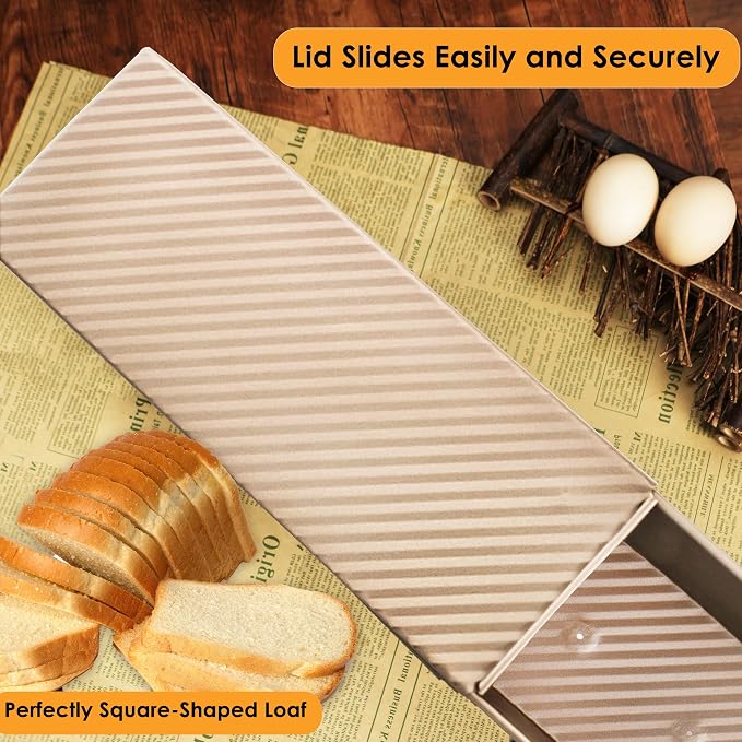 2-pack 2.2lb Aluminized Steel Gold Pullman Loaf Pan with Lid, Premium Non-Stick Coating Bread Pan, PFTE and PFOA-Free, Safe and Healthy Baking for Homemade Bread with Family-sized Recipes