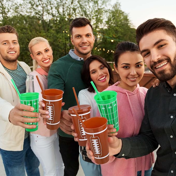 Kochorie 18 Pcs 24 oz Football Party Cups with Lids and Straws Reusable Plastic Tumbler Travel Mug Cups for Kids Coach Men Women Football Favors Tailgate Party Sports Game Time Supplies Decorations