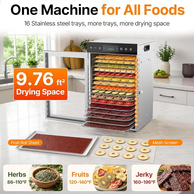 HOPERAN 16 Tray Food Dehydrator Machine for Jerky, Fruit, Herb & Dog Treats | Stainless Steel, Digital Temperature & Timer Control, 2 Fans 800W, Quiet <48dB, Including 2 Mesh Screens & 1 Fruit Roll Tray