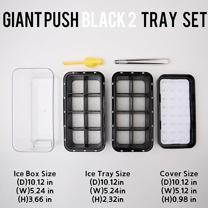 Season 3 GiantPush Silicone Large 2-Inch Ice Cube Tray with Lid, Square Whiskey Ice Mold for Cocktails & Highball, Slow-Melting Ice Maker, Easy Release, BPA Free (BLACK, 2-Tier Set)