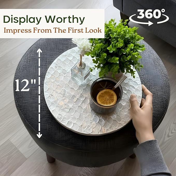 CHI AN HOME 12 Inch Capiz Lazy Susan, Decorative Lazy Susan Turntable Centerpiece for Dining Table, Kitchen Counter, Round Mother of Pearl Capiz Shells Spinning Tray for Countertop & Tabletop (White)