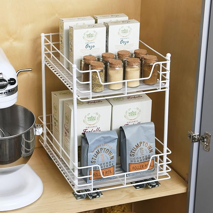 Household Essentials Glidez Steel Pull-Out/Slide-Out Storage Organizer with Plastic Liners for Under Cabinet or Wire Shelf Use - 2 -Tier Design, White