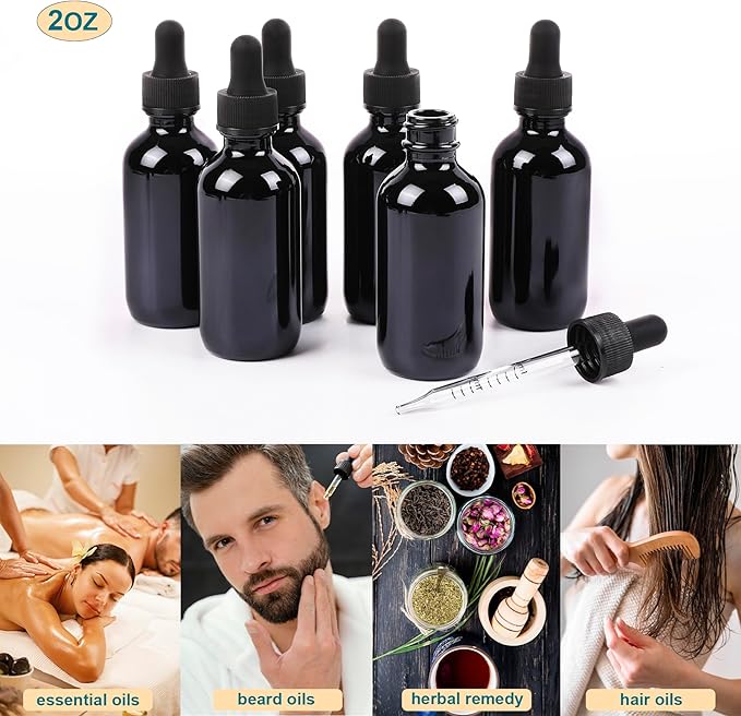 NOOEEISS 2oz Glass Dropper Bottle,Preety Texture Tincture Bottles with Precise Scales Eye Droppe,for All Kinds Of Mixed Liquids,Leak-Proof Design for Easy Travel (Black-48Pack)