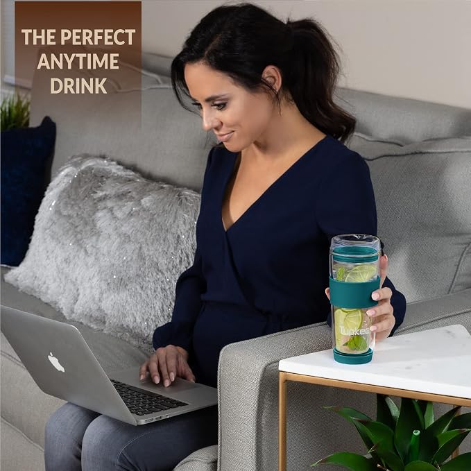 Double Wall Glass Tumbler - 14-Ounce, All Glass Reusable Insulated Tea/Coffee Mug & Lid, Hand Blown Travel Mug - Cyan