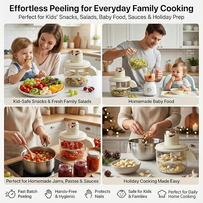 Electric Garlic Prep Assistant – Garlic Peeler Tool That Loosens Skin for Easy Peeling, Fast Kitchen Gadget for Garlic Cloves, Also Works for Pearl Onions, Grapes, & Cherry Tomatoes, Easy-Clean, White