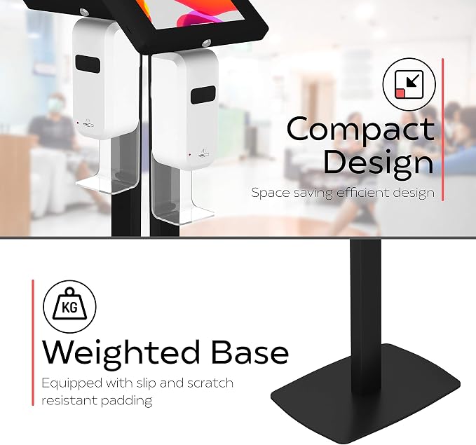Thin Floor Stand – CTA Premium Thin Profile Automatic Soap Dispenser and Security Locking Enclosure for iPad 8th Gen 10.2”, iPad Pro 11”, Surface Go, Surface Go 3 and 7-14” Tablets (PAD-CSTTB) – Black