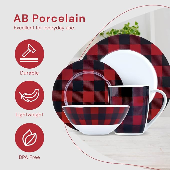 Safdie & Co. 16-Piece Red, Black Plaid Dinnerware Set, Porcelain, Includes Bowls, Plates, and Mugs, Dishwasher Safe