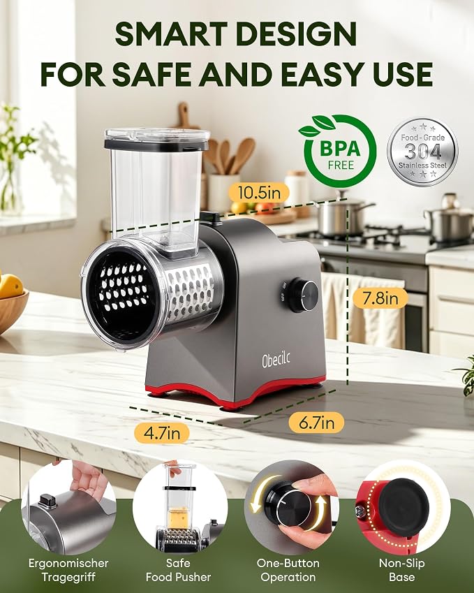 Upgraded 300W Electric Cheese Grater with 7 Stainless Steel Blades,Cheese Shredder Electric for Slicing,Shredding & Grinding Vegetables,Fruits and Nuts,Easy Clean with 2 Brushes & Blades Storage Bag