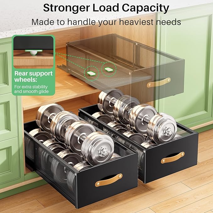 Pull out Cabinet Organizer, 2-Pack Expandable Depth(15.7"-21.7") with Raising Pad for Framed Cabinets, Heavy Duty Slide out Drawers,Roll Out Shelves for Kitchen, Pantry Organizers and Storage(Black)