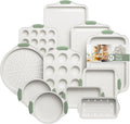 11-Piece Non-Toxic Baking Set, Stackable Nonstick Cookware with Heat-Resistant Handles - Includes Cookie Tray, Round Cake Pan, Muffin Cups, Pizza Pan & Loaf Baker, White&Light Green