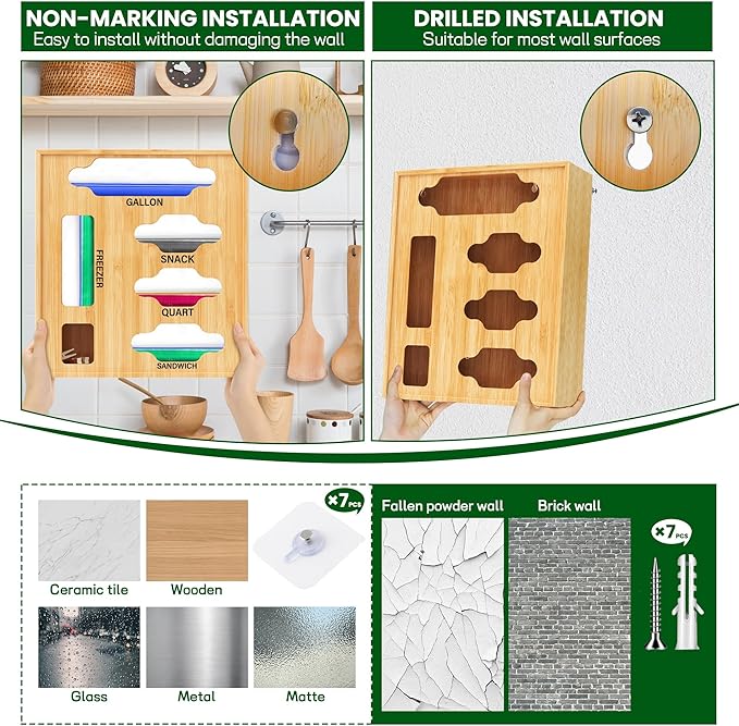 Sandwich Bag & Organizer, Aluminum Foil & Plastic Wrap Cutter, Bamboo Drawer Storage for Gallon, Quart Bags & 12" Rolls (9 in 1)