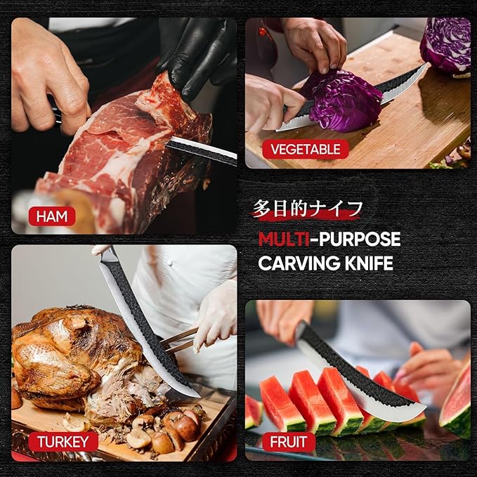 Huusk Butcher Knife for Meat Cutting, 10 Inch Curved Carving Knives with Wood Handle, Japanese Brisket Slicing Knives for BBQ, Turkey, Ideal Grilling Gift for Men and Women