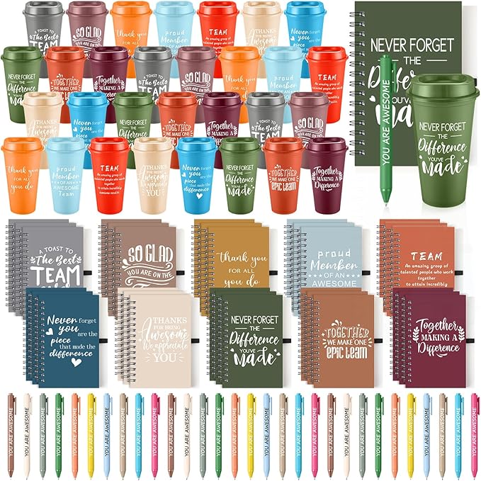 Teenyyou 90 Pcs Employee Appreciation Gift Set, 16oz Tumbler with Lid Notebook Pen Bulk Thank You Gift Holiday Party Favor for Teachers Office Coworker Teacher Staff Team (Fresh Color,Modern Style)