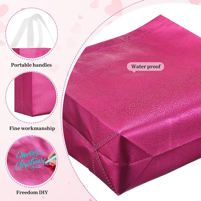 Eccliy Reusable Gift Bags Set Glossy Grocery Gift Tote Bag with Handle for Wedding, Bridal Shower, 4th of July, Summer Event(12 x 11 x 4.7 I Inch,Hot Pink,80 Pcs)