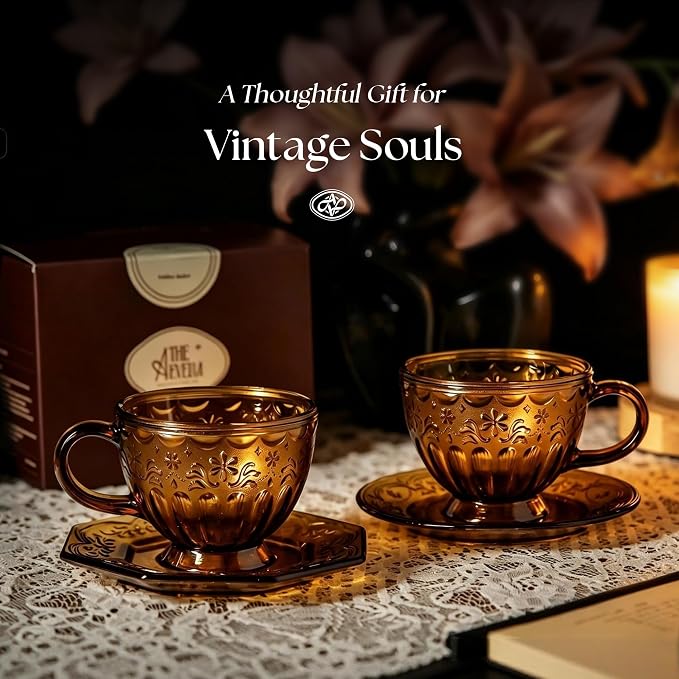 Handcrafted Vintage Glass Coffee Cup and Saucer Set, 12 oz Large Tea Cup with Octagonal Saucer for Coffee, Latte, Tea & Home Cafe, Gift for Women, Microwave & Dishwasher Safe, Golden Amber